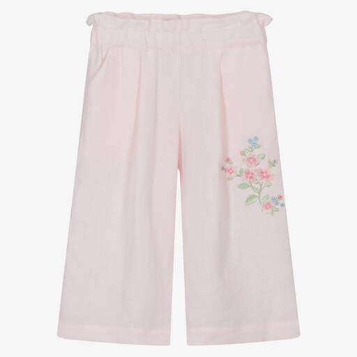 Lapin House-Girls Pale Pink Floral Embroidered Linen Trousers  | Childrensalon