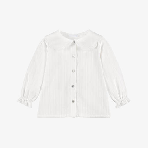 Laranjinha-Girls White Cotton Blouse with Scalloped Collar | Childrensalon