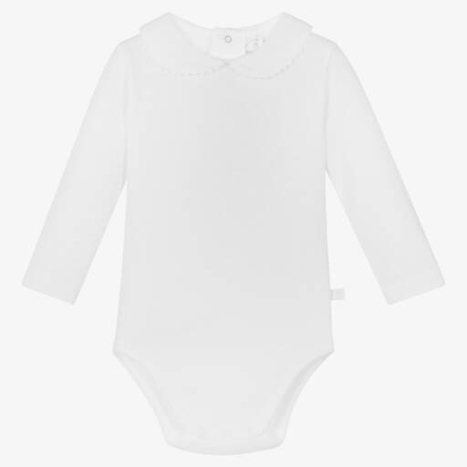 Laranjinha-White Cotton Bodysuit With Ric Rac Trim Collar | Childrensalon
