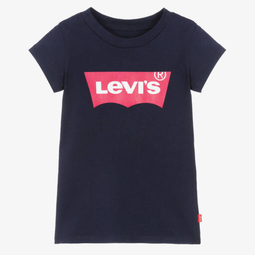 Levi's-Girls Navy Blue Cotton T-Shirt with Batwing Logo | Childrensalon