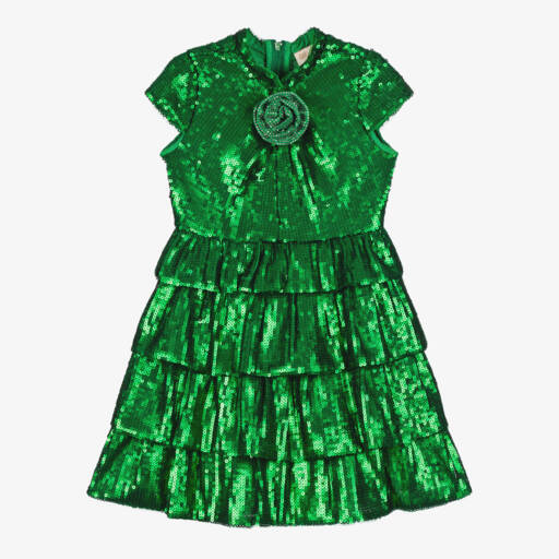 Marlo Kids-Girls Green Tiered Sequinned Tulle Dress | Childrensalon