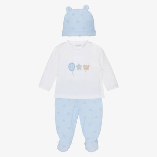 Mayoral Newborn-Baby Boys White & Blue Cotton Babysuit Set | Childrensalon