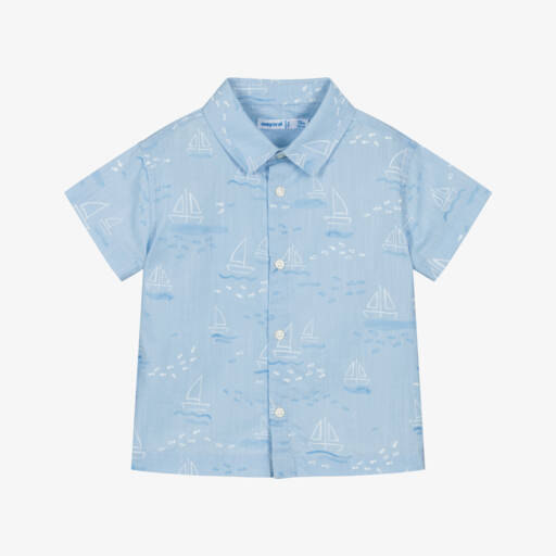 Mayoral-Boys Blue Boat Print Short Sleeve Cotton Shirt | Childrensalon