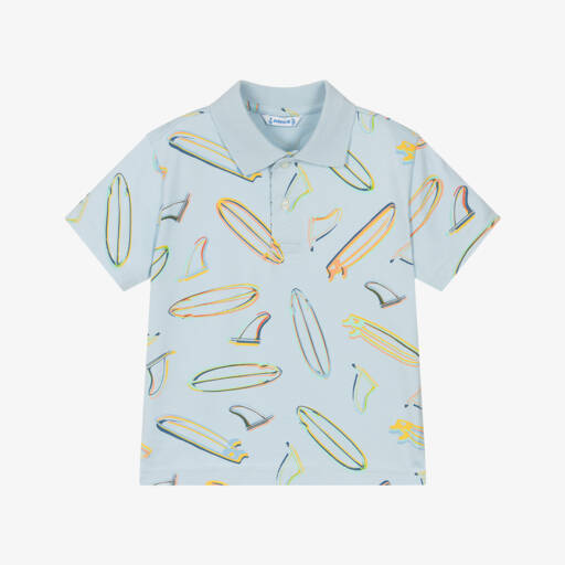 Mayoral-Boys Blue Cotton Surfboard Print Polo Shirt | Childrensalon