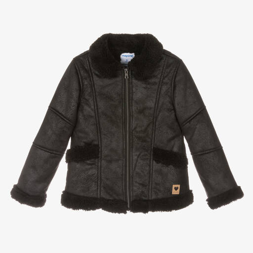 Mayoral-Girls Black Faux Sheepskin Jacket | Childrensalon