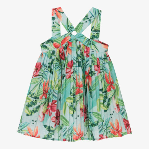 Mayoral-Girls Green Floral Pleated Crêpe Dress | Childrensalon
