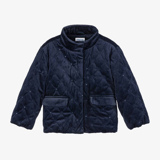 Mayoral-Girls Navy Blue Quilted Velvet Jacket | Childrensalon