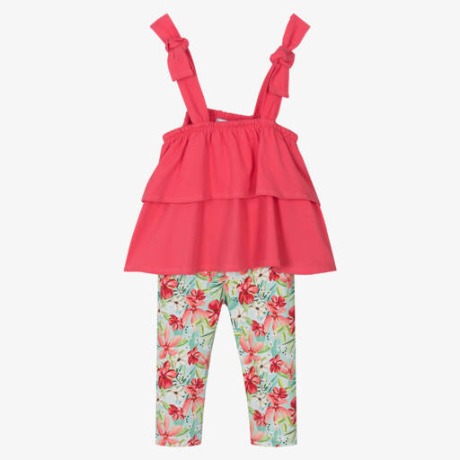 Mayoral-Girls Pink & Green Floral Cotton Leggings Set | Childrensalon