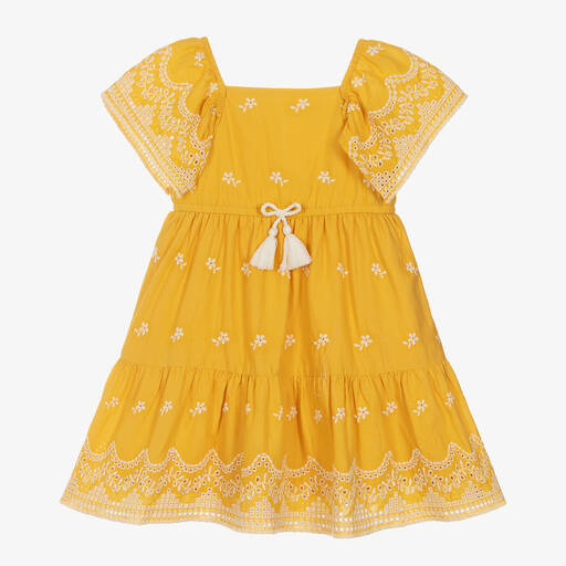 Mayoral-Girls Yellow Embroidered Cotton Dress | Childrensalon