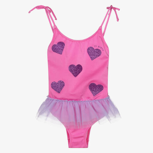 MC2 Saint Barth-Girls Pink Swimsuit with Purple Glitter Hearts | Childrensalon