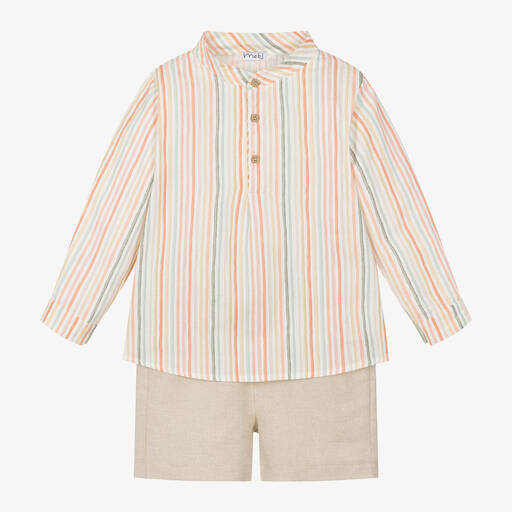 Mebi-Boys Beige Cotton & Linen Shorts Set | Childrensalon