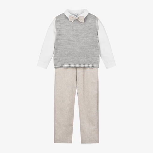 Mebi-Boys Grey & Beige Cotton Trouser Set | Childrensalon