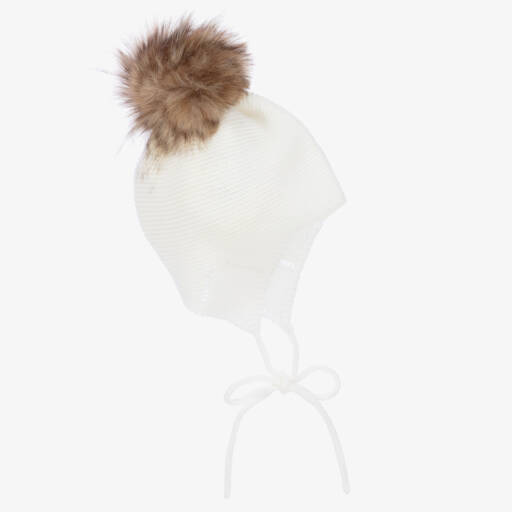 Mebi-Ivory Knitted Hat With Faux Fur Pom-Pom | Childrensalon