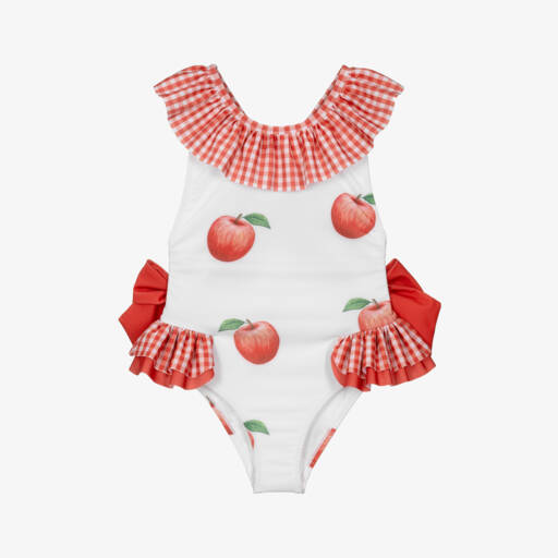 Meia Pata-Girls White & Red Apple Swimsuit (UPF50+) | Childrensalon