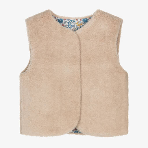 Milledeux-Girls Beige Reversible Fleece & Floral Gilet  | Childrensalon