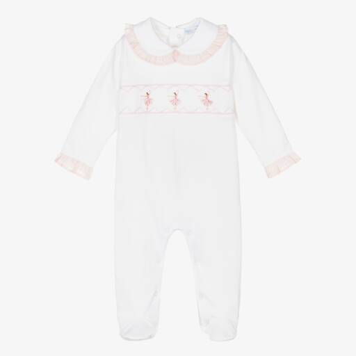 Mini-la-Mode-Girls White & Pink Pima Cotton Babygrow | Childrensalon