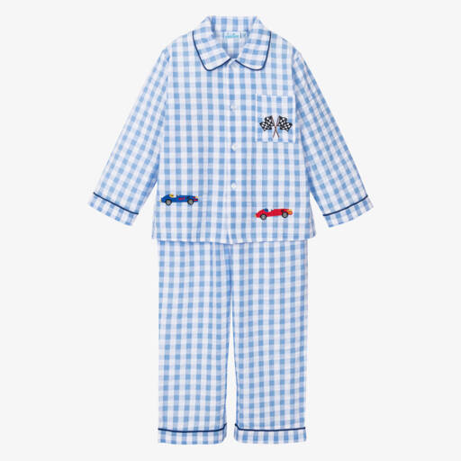 Mini Lunn-Boys Blue & White Cotton Car Pyjamas | Childrensalon