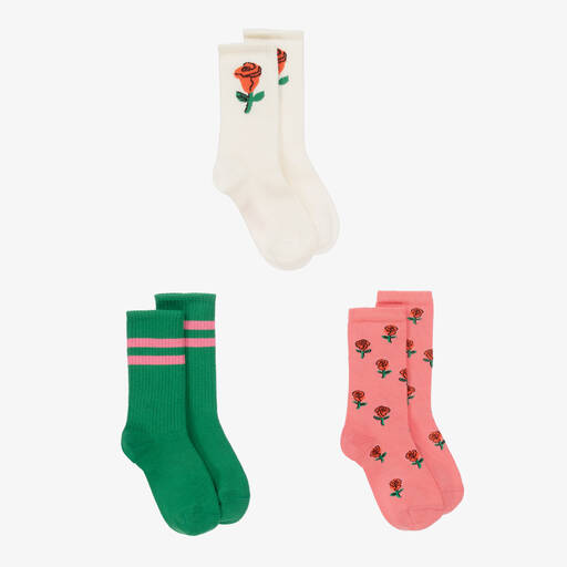 Mini Rodini-Girls Pink Roses Organic Cotton Socks (3 Pack) | Childrensalon