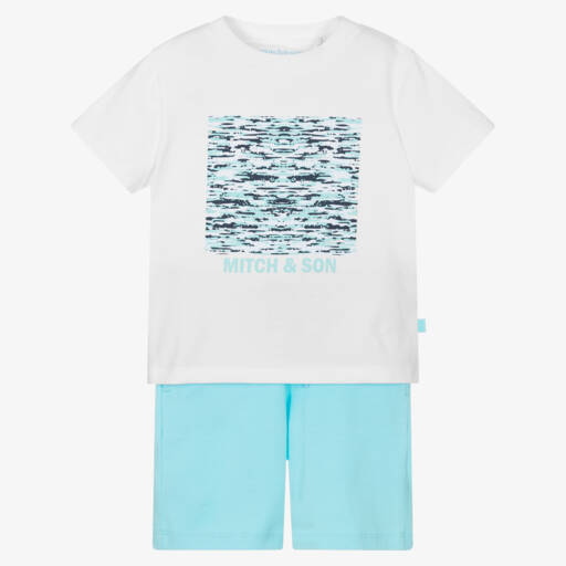 Mitch & Son-Boys White & Blue Cotton Shorts Set | Childrensalon