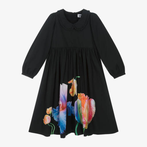 Molo-Girls Black Cotton Floral Dress | Childrensalon
