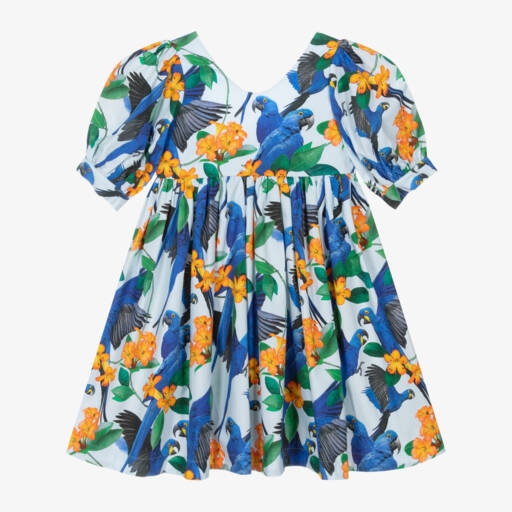 Molo-Girls Blue Organic Cotton Birds Dress | Childrensalon
