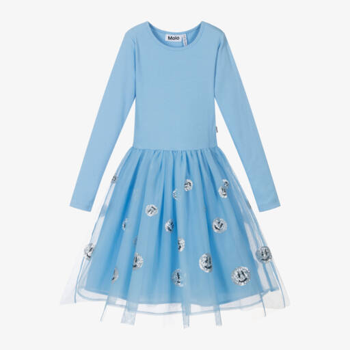 Molo-Girls Blue Organic Cotton & Tulle Dress | Childrensalon