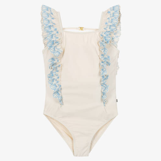 Molo-Girls Ivory Ruffle Swimsuit with Seashell Embroidery (UPF50+) | Childrensalon