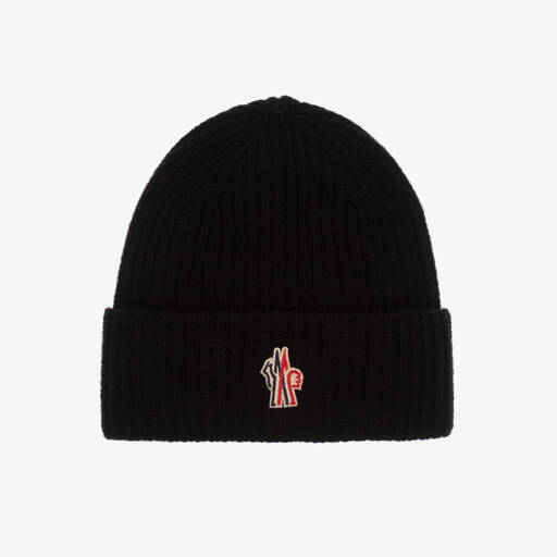 Moncler Enfant-Black Wool Knit Beanie Hat | Childrensalon