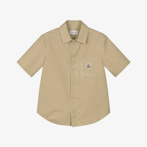 Moncler Enfant-قميص بوبلين بجيب مزين بشعار لون بيج للأولاد | Childrensalon