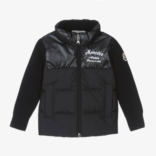 Moncler Enfant-Boys Navy Blue Down Padded Knit Cardigan | Childrensalon