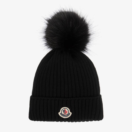 Moncler Enfant-Girls Black Wool Pom-Pom Hat | Childrensalon