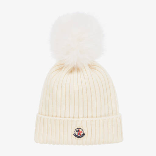 Moncler Enfant-Girls Ivory Wool Pom-Pom Hat | Childrensalon