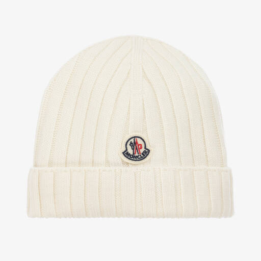 Moncler Enfant-Ivory Wool Knit Beanie Hat | Childrensalon