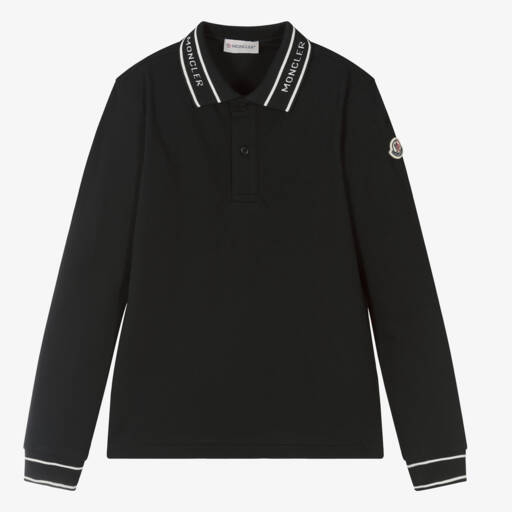 Moncler Enfant-Teen Boys Black Cotton Long-Sleeved Polo Shirt | Childrensalon