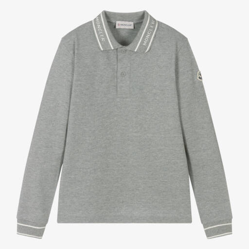 Moncler Enfant-Teen Boys Grey Cotton Long-Sleeved Polo Shirt | Childrensalon