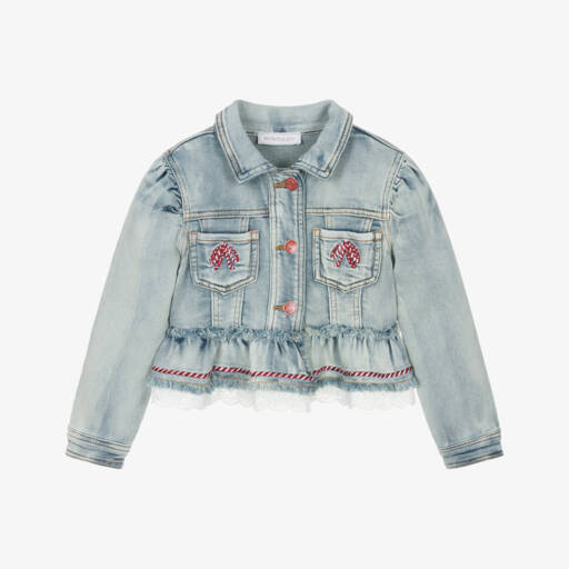 Monnalisa Ivory Cotton Rhinestone Bear Jacket