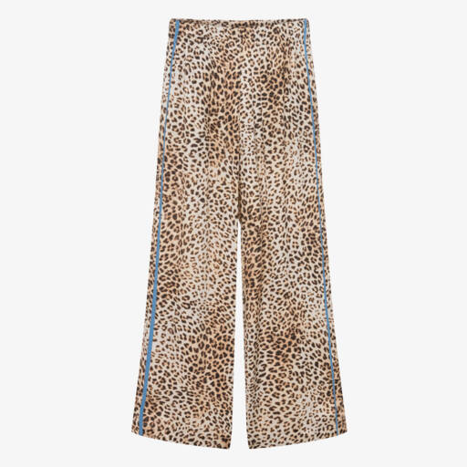 Monnalisa-Girls Brown Leopard Print Trousers with Blue Trim | Childrensalon