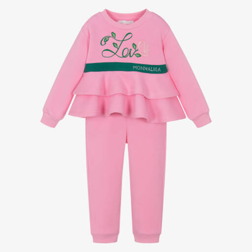 Monnalisa-Girls Pink Embroidered Peplum Tracksuit | Childrensalon