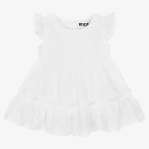 Moschino Baby-Baby Girls White Embroidered Cotton Dress | Childrensalon