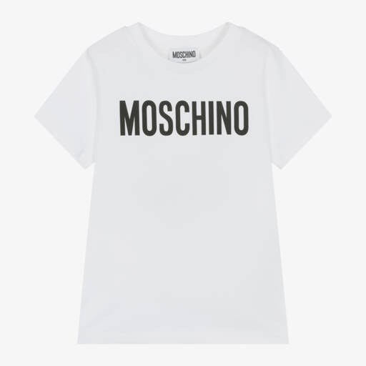 Moschino-White Cotton T-Shirt With Large Black Logo | Childrensalon