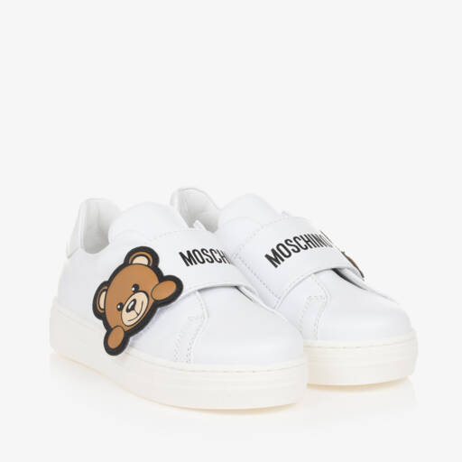 Moschino-White Leather Teddy Logo Trainers | Childrensalon