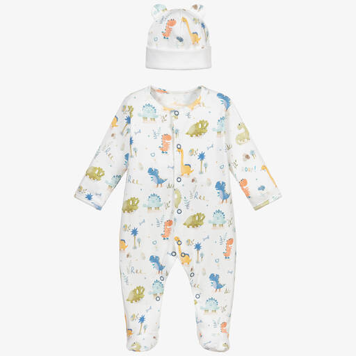 My Little Pie-Boys White Cotton Dinosaur Babysuit Set | Childrensalon