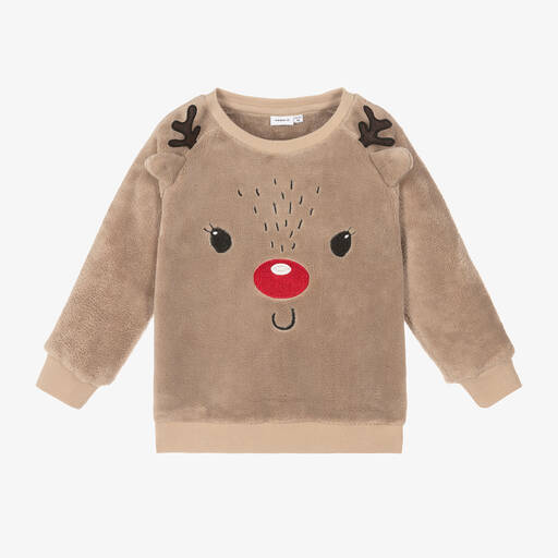 NAME IT-Beige Reindeer Fleece Sweatshirt | Childrensalon