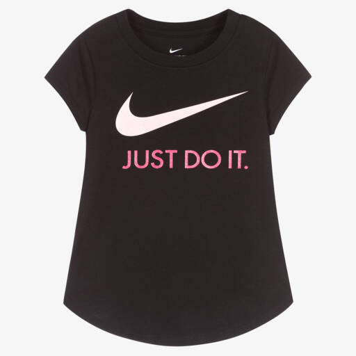 Nike-Girls Black Cotton Swoosh T-Shirt | Childrensalon