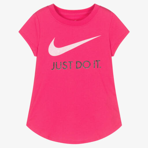 Nike-Girls Pink Cotton Swoosh T-Shirt | Childrensalon