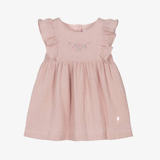 Patachou-Baby Girls Pink Embroidered Cotton Muslin Dress | Childrensalon