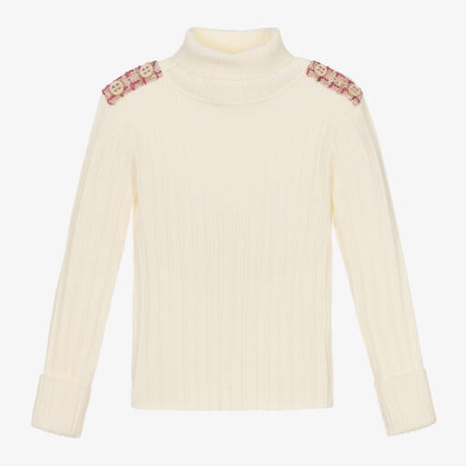 Patachou-Girls Ivory Roll Neck Sweater with Tweed Shoulders | Childrensalon