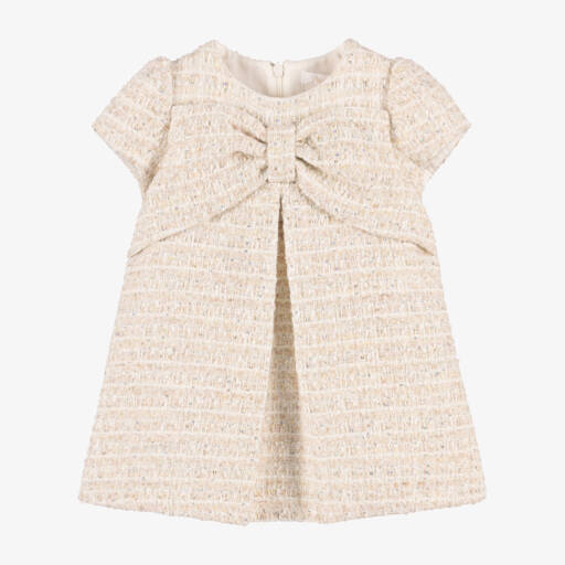 Patachou-Girls Ivory Tweed Dress with Bow & Sequins | Childrensalon