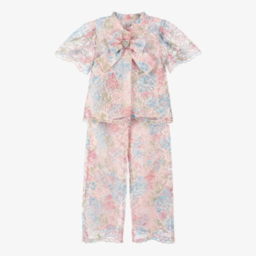 Patachou-Girls Pink & Blue Floral Lace Trouser Set | Childrensalon