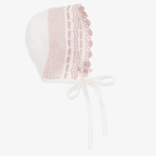 PAZ Rodríguez-Baby Girls Ivory & Pink Wool Knit Bonnet | Childrensalon